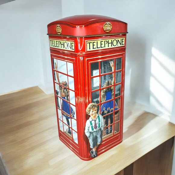 Vintage Tin Coin Bank England Telephone Booth Red Churchill's Jelly Beans - Picture 1 of 7